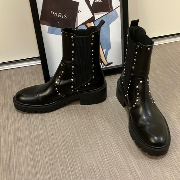 Zara Shoes Zara Black Leather Studded Combat Boots 4 Poshmark